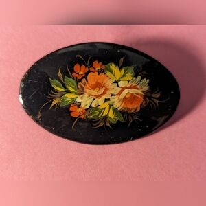 Russian Handpainted Lacquer oval 2.5" pin brooch signed vintage clasp safety pin